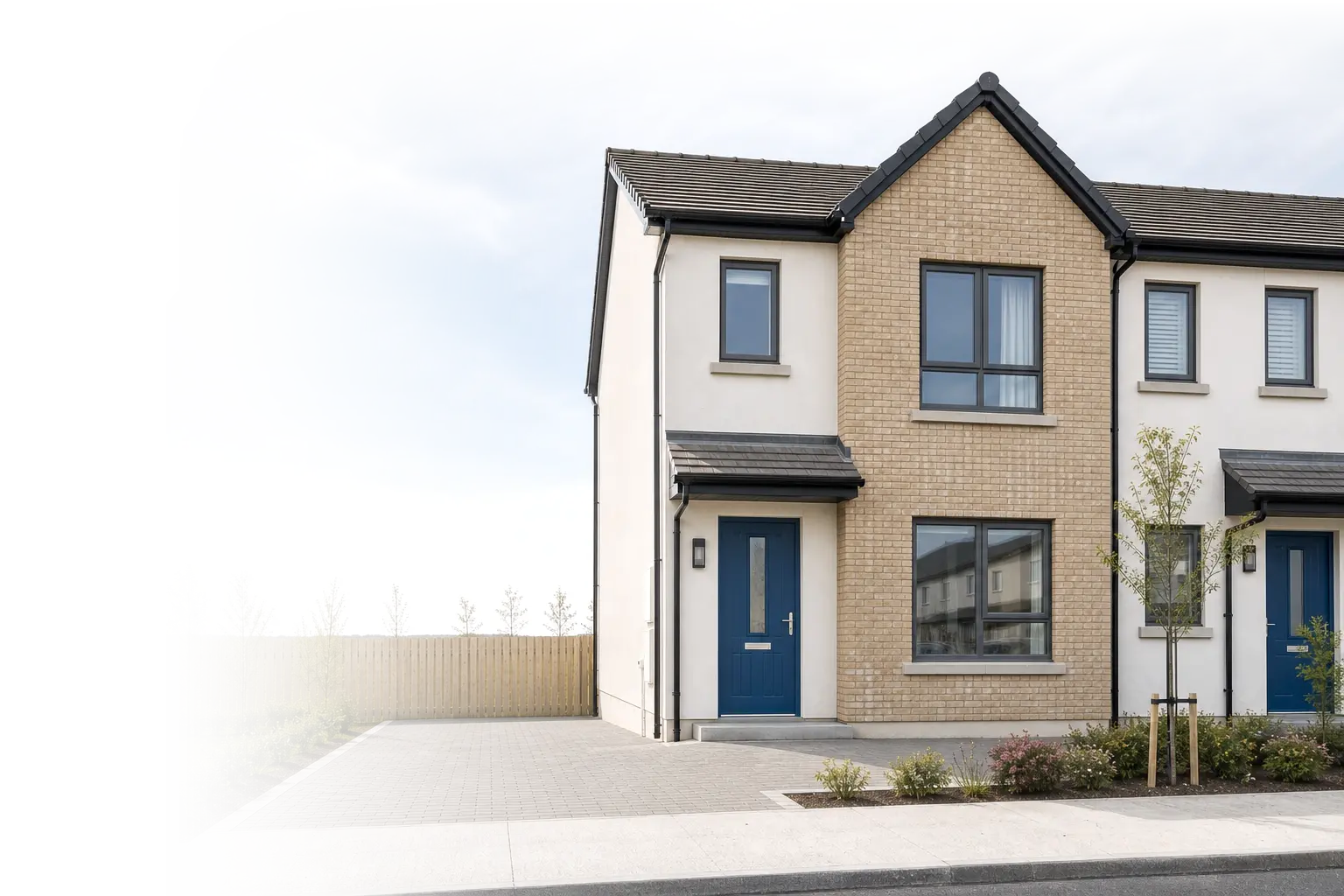 New build house with a blue front door